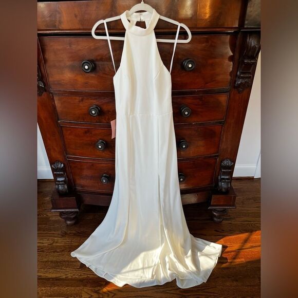 BHLD High Neckline Juliana Stretch Crepe Maxi Dress, side slit silhouette Size 2 - Picture 7 of 11